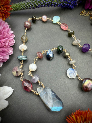 Gemstone Luxe Mix Wire Wrap Neclace- Gold 21"- 23"