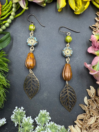 Flower Drop Earrings- Olive Teal Orange