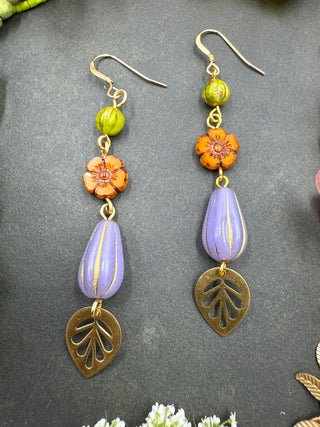 Flower Drop Earrings- Olive Orange Purple